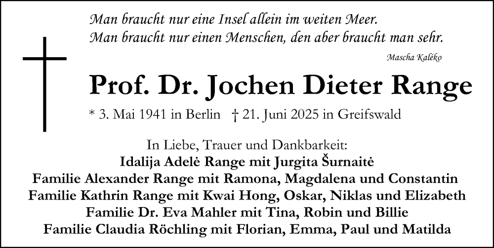  Traueranzeige für Jochen Dieter Range vom 05.07.2025 aus Ostsee-Zeitung GmbH
