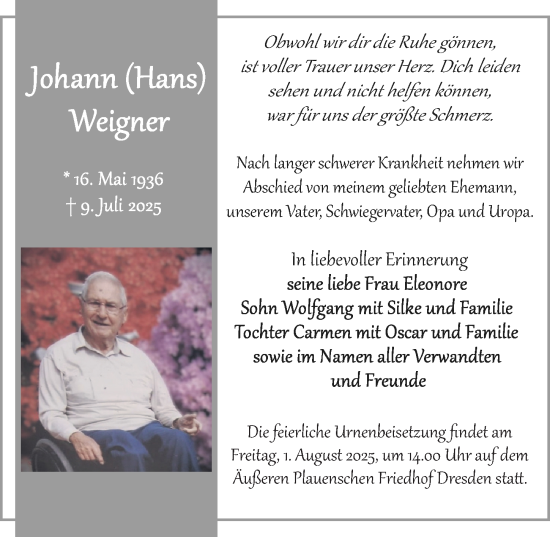 Traueranzeige von Johann Weigner von Sächsische Zeitung