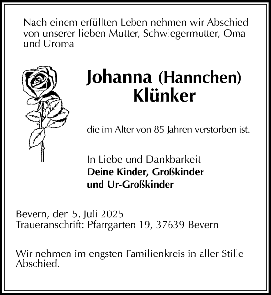 Traueranzeige von Johanna Klünker von Täglicher Anzeiger Holzminden