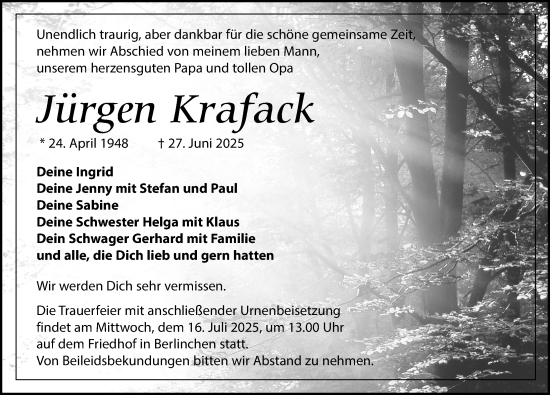 Traueranzeige von Jürgen Krafack von Wochenspiegel