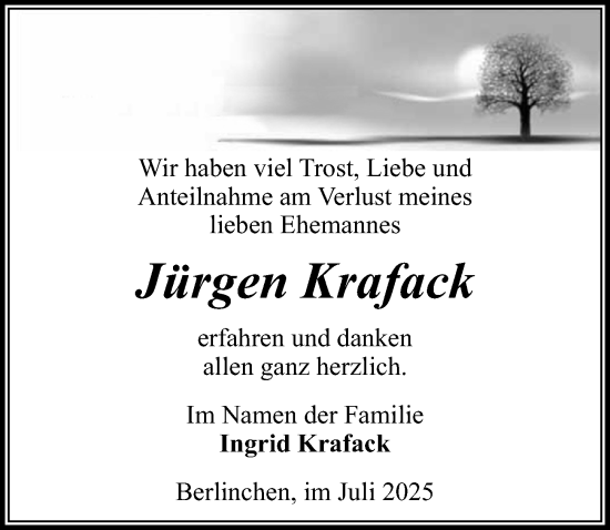 Traueranzeige von Jürgen Krafack von Wochenspiegel