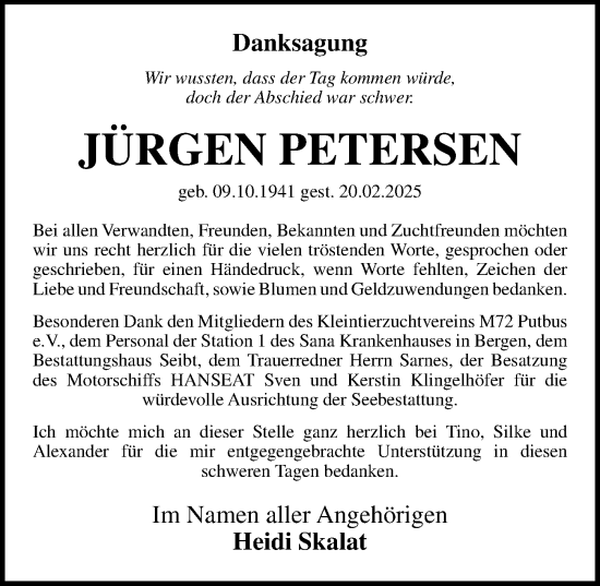 Traueranzeige von Jürgen Petersen von Ostsee-Zeitung GmbH