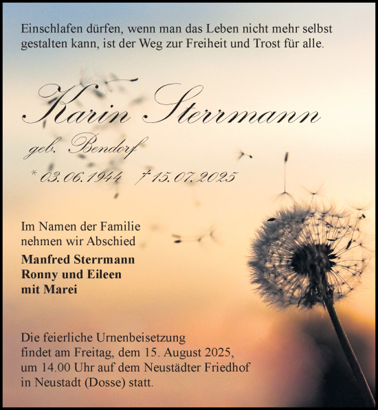 Traueranzeige von Karin Sterrmann von Wochenspiegel