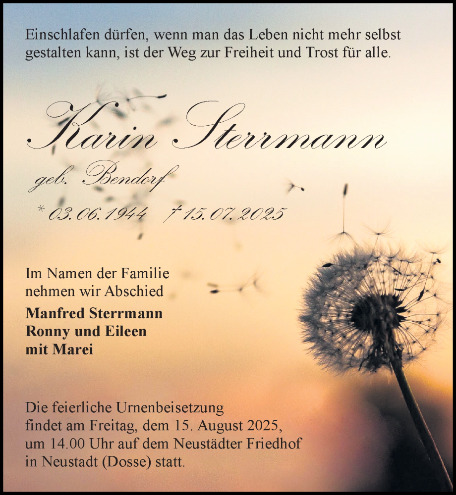  Traueranzeige für Karin Sterrmann vom 26.07.2025 aus Wochenspiegel