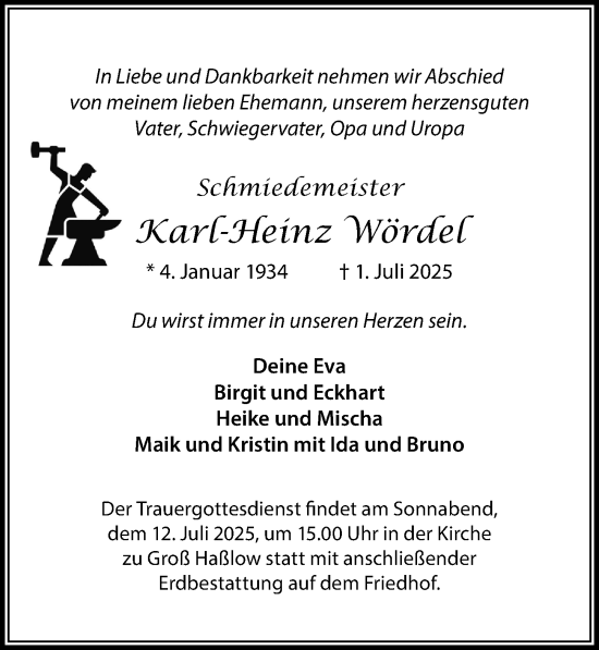 Traueranzeige von Karl-Heinz Wördel von Wochenspiegel