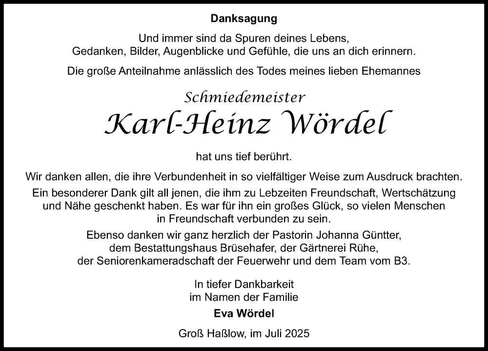  Traueranzeige für Karl-Heinz Wördel vom 26.07.2025 aus Wochenspiegel