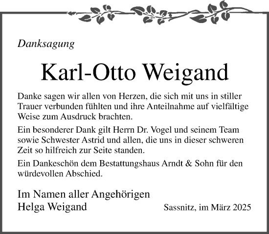 Traueranzeige von Karl-Otto Weigand von Ostsee-Zeitung GmbH