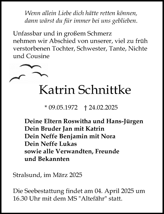 Traueranzeige von Katrin Schnittke von Ostsee-Zeitung GmbH