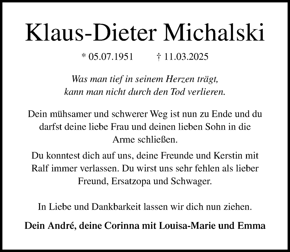  Traueranzeige für Klaus-Dieter Michalski vom 22.03.2025 aus Ostsee-Zeitung GmbH