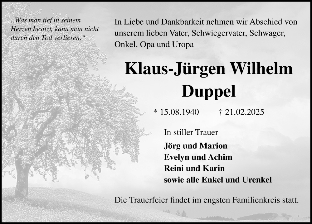  Traueranzeige für Klaus-Jürgen Wilhelm Duppel vom 22.03.2025 aus Ostsee-Zeitung GmbH