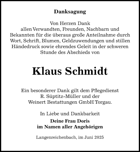 Traueranzeige von Klaus Schmidt von Torgauer Zeitung