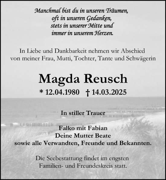 Traueranzeige von Magda Reusch von Ostsee-Zeitung GmbH