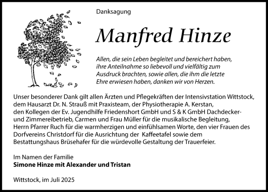 Traueranzeige von Manfred Hinze von Wochenspiegel
