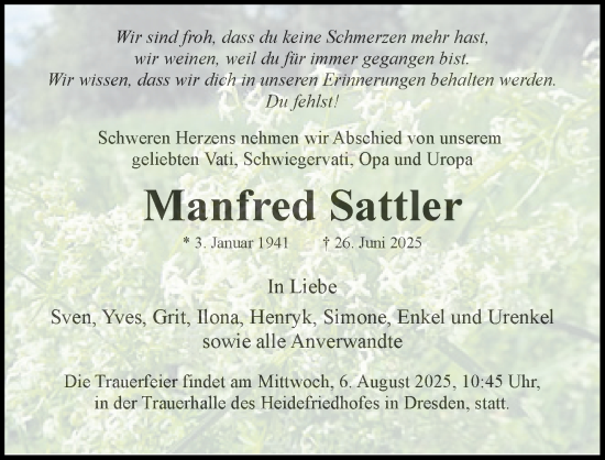 Traueranzeige von Manfred Sattler von Sächsische Zeitung