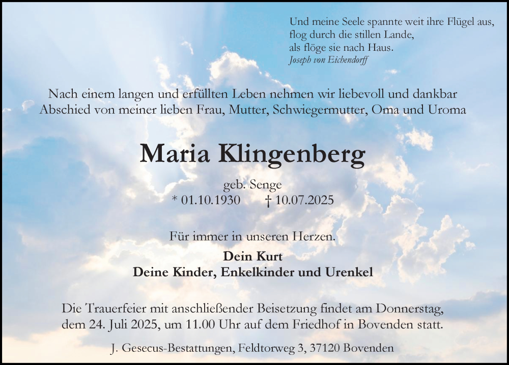  Traueranzeige für Maria Klingenberg vom 19.07.2025 aus Göttinger Tageblatt