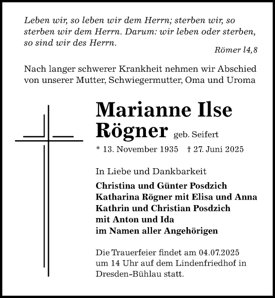 Traueranzeige von Marianne Ilse Rögner von Sächsische Zeitung