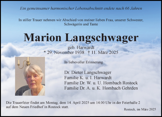 Traueranzeige von Marion Langschwager von Ostsee-Zeitung GmbH
