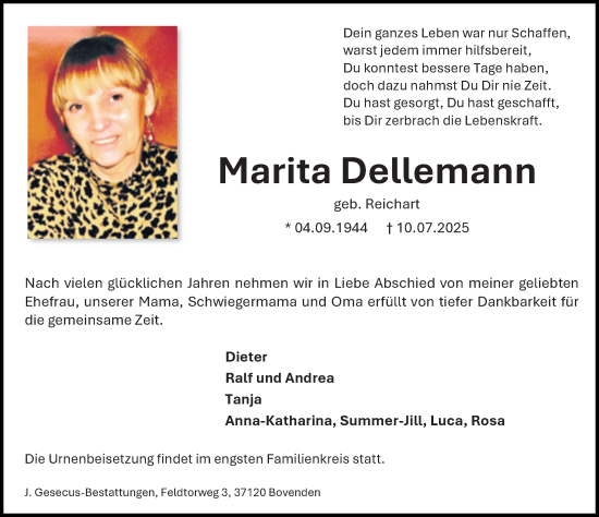 Traueranzeige von Marita Dellemann von Göttinger Tageblatt