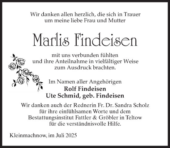 Traueranzeige von Marlis Findeisen von Märkischen Allgemeine Zeitung