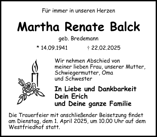 Traueranzeige von Martha Renate Balck von Ostsee-Zeitung GmbH