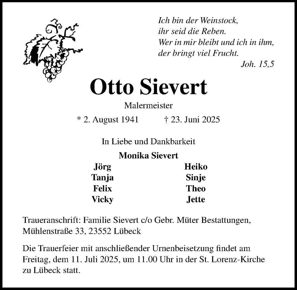  Traueranzeige für Otto Sievert vom 06.07.2025 aus Lübecker Nachrichten