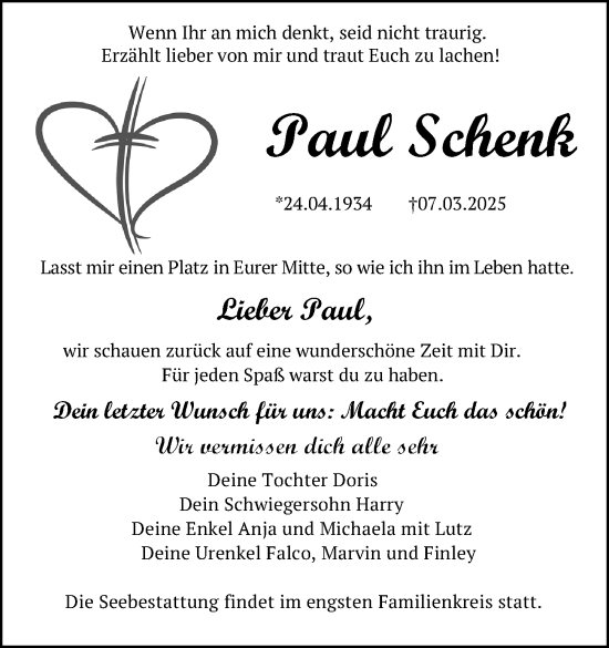 Traueranzeige von Paul Schenk von Ostsee-Zeitung GmbH