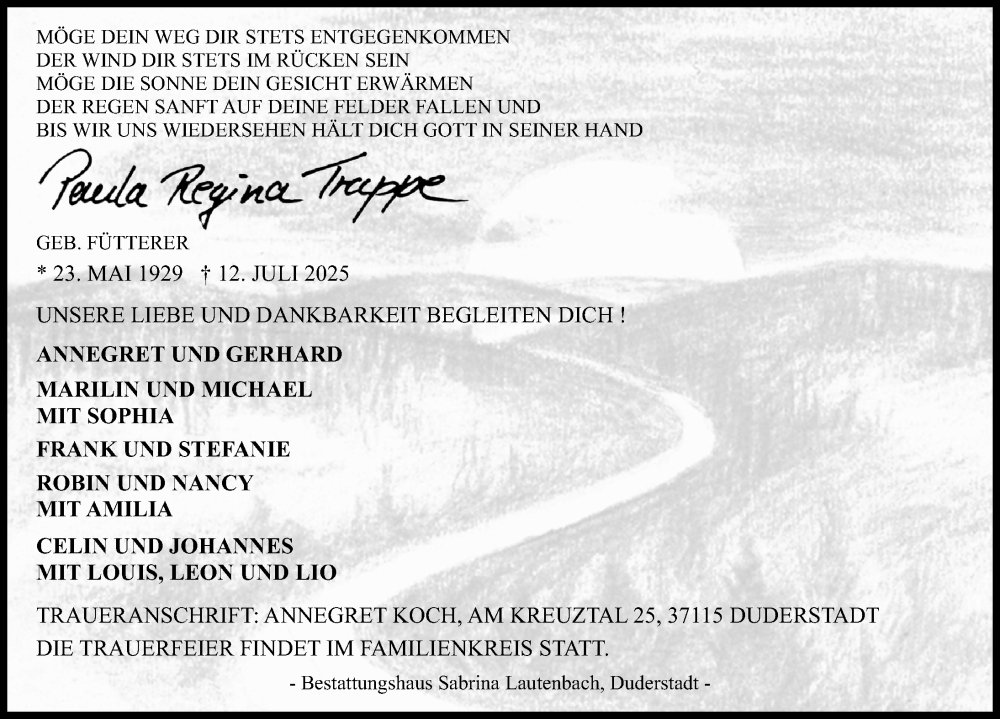  Traueranzeige für Paula Regina Trappe vom 19.07.2025 aus Eichsfelder Tageblatt