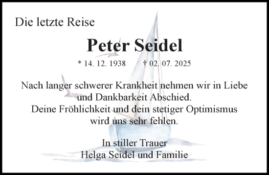 Traueranzeige von Peter Seidel von Sächsische Zeitung