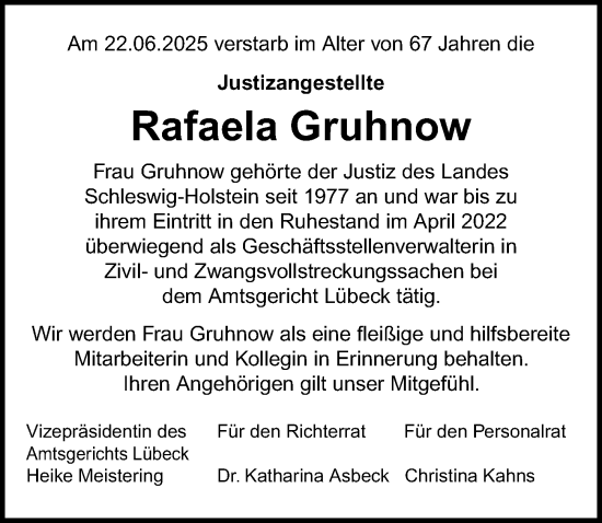 Traueranzeige von Rafaela Gruhnow von Lübecker Nachrichten