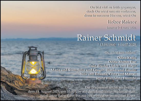 Traueranzeige von Rainer Schmidt von Wochenspiegel