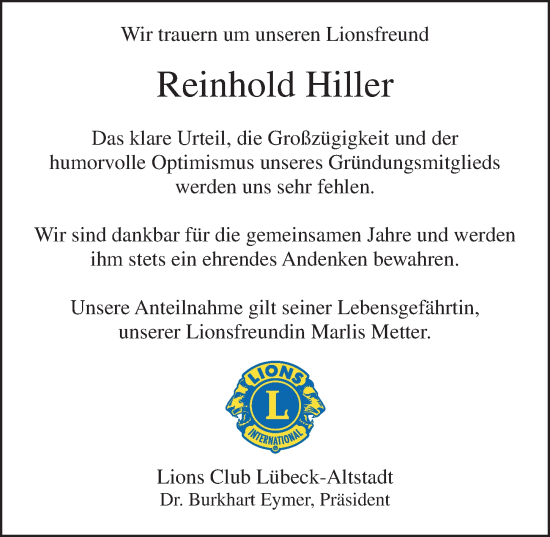 Traueranzeige von Reinhold Hiller von Lübecker Nachrichten