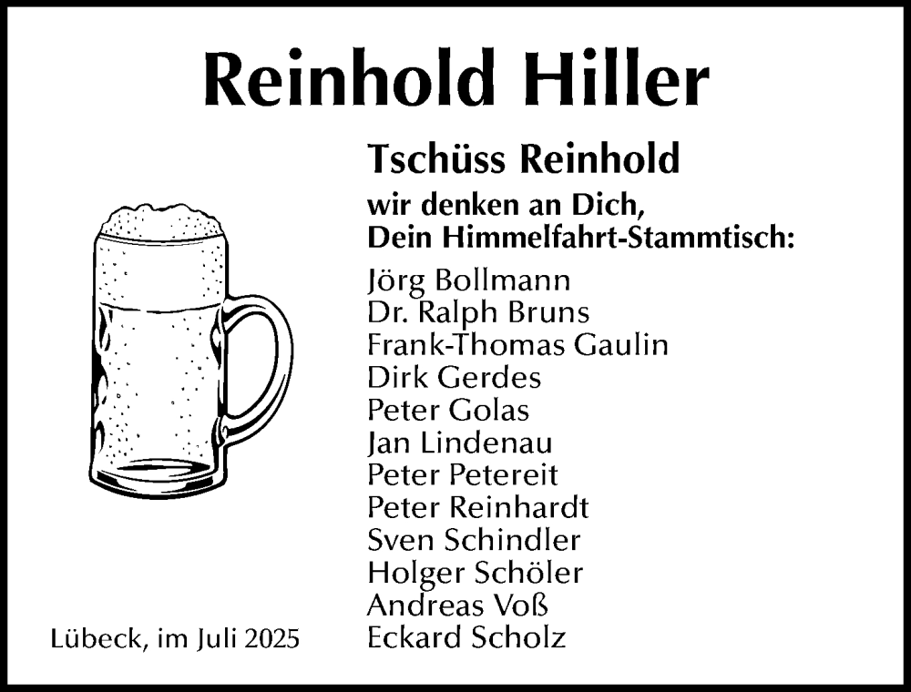  Traueranzeige für Reinhold Hiller vom 27.07.2025 aus Lübecker Nachrichten