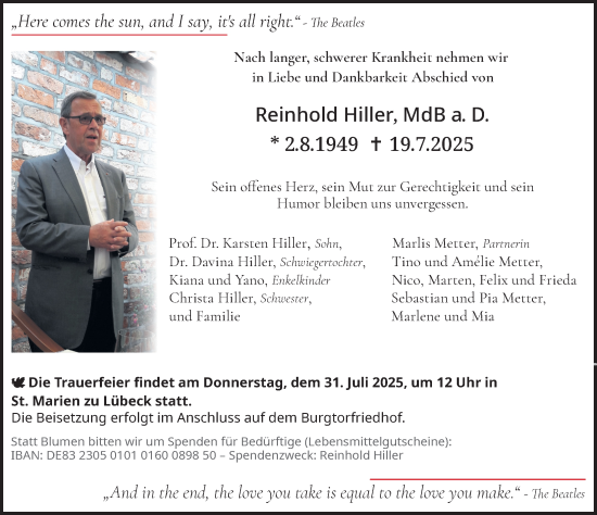 Traueranzeige von Reinhold Hiller von Lübecker Nachrichten