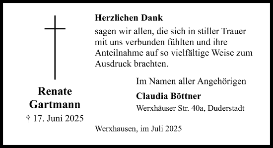 Traueranzeige von Renate Gartmann von Eichsfelder Tageblatt