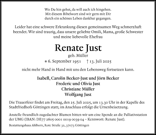 Traueranzeige von Renate Just von Göttinger Tageblatt