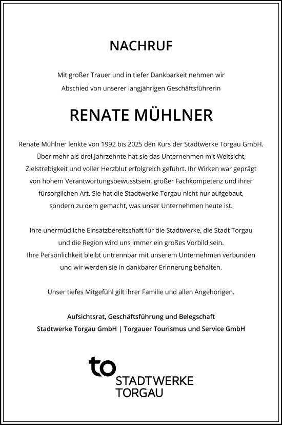 Traueranzeige von Renate Mühlner von Torgauer Zeitung