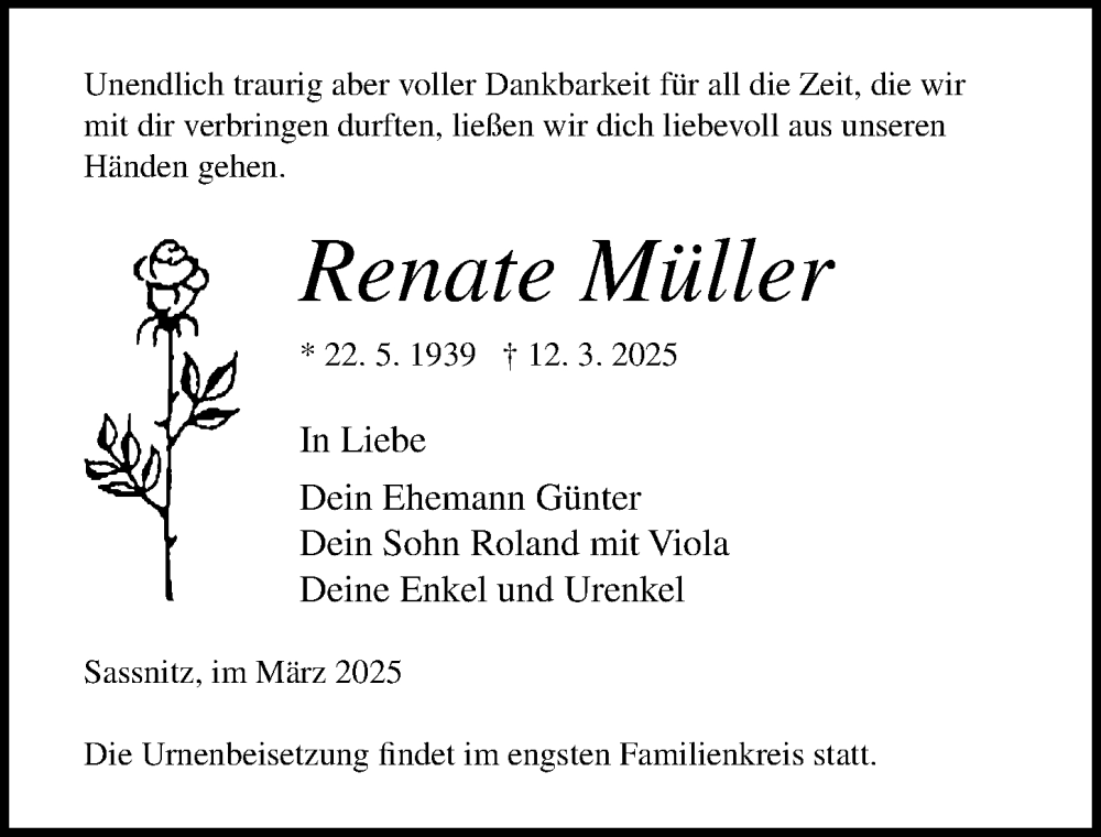  Traueranzeige für Renate Müller vom 22.03.2025 aus Ostsee-Zeitung GmbH
