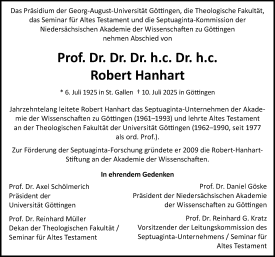 Traueranzeige von Robert Hanhart von Göttinger Tageblatt
