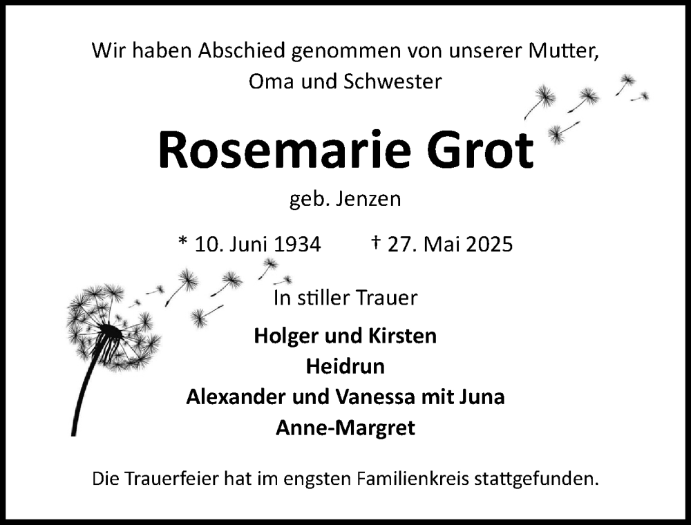  Traueranzeige für Rosemarie Grot vom 19.07.2025 aus Lübecker Nachrichten