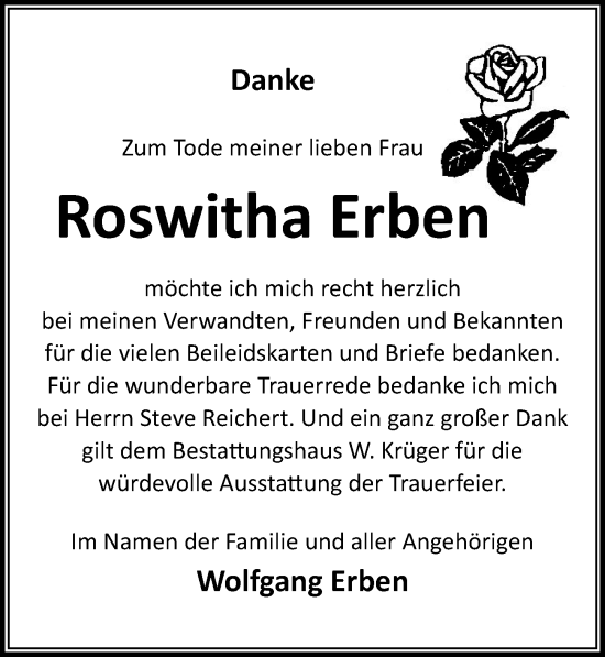 Traueranzeige von Roswitha Erben von Märkischen Allgemeine Zeitung