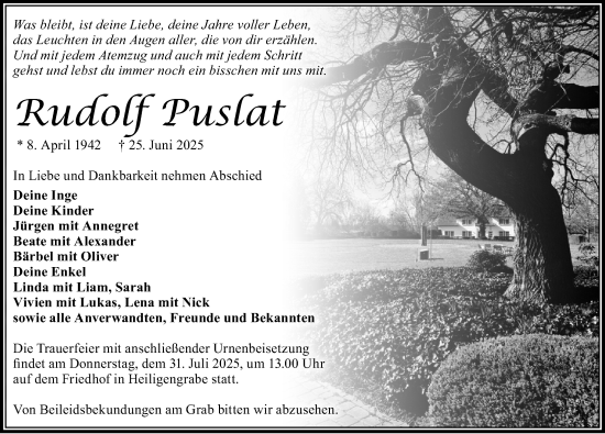 Traueranzeige von Rudolf Puslat von Wochenspiegel