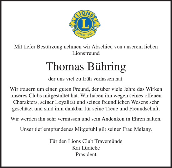 Traueranzeige von Thomas Bühring von Lübecker Nachrichten