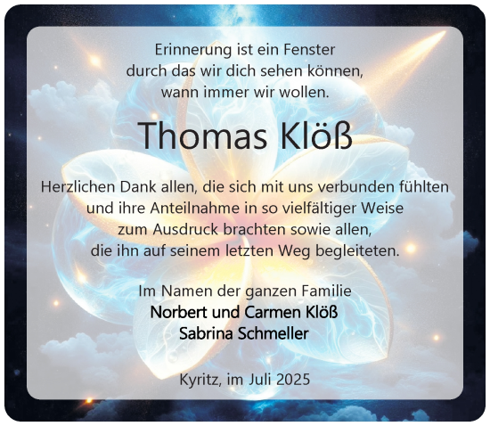 Traueranzeige von Thomas Klöß von Wochenspiegel