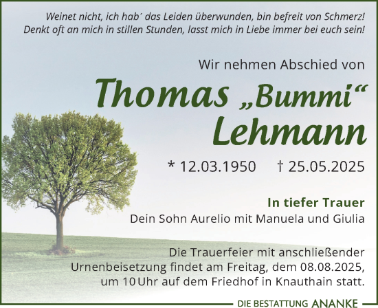 Traueranzeige von Thomas Lehmann von Leipziger Volkszeitung