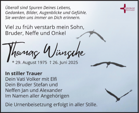 Traueranzeige von Thomas Wünsche von Leipziger Volkszeitung
