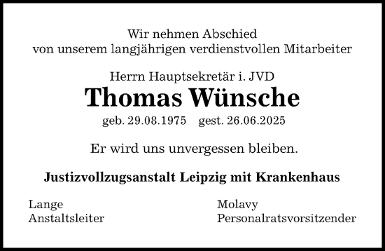 Traueranzeige von Thomas Wünsche von Leipziger Volkszeitung