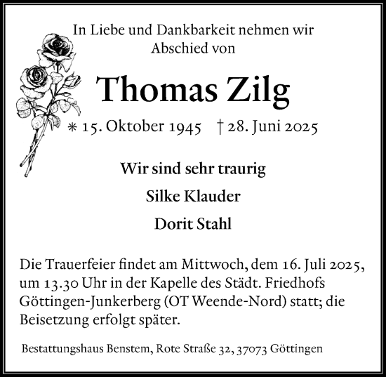 Traueranzeige von Thomas Zilg von Göttinger Tageblatt