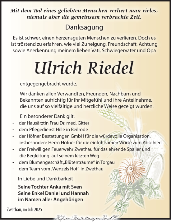 Traueranzeige von Ulrich Riedel von Torgauer Zeitung
