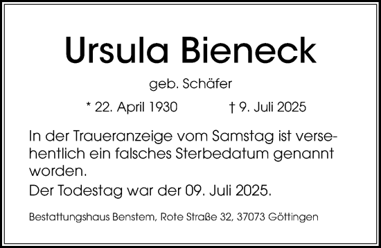 Traueranzeige von Ursula Bieneck von Göttinger Tageblatt