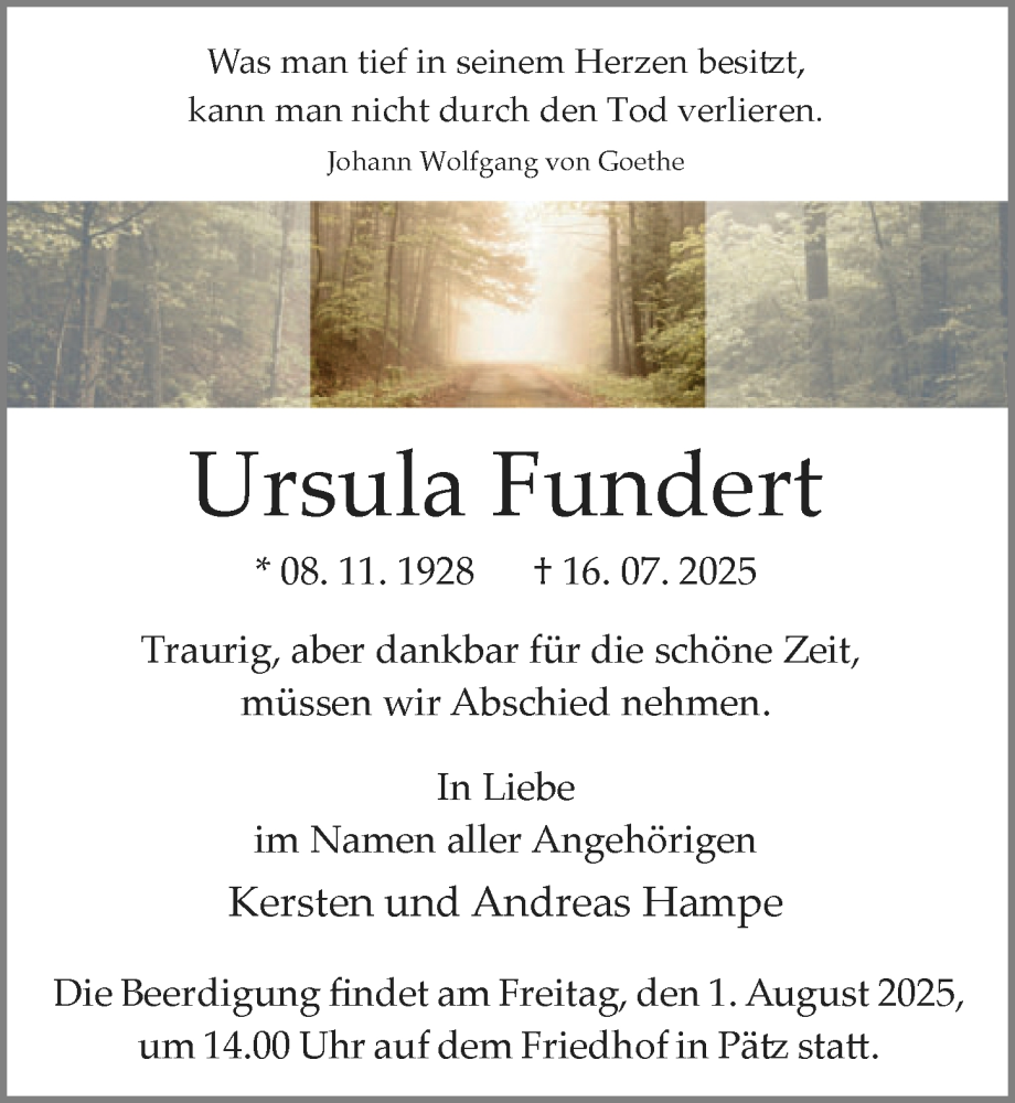  Traueranzeige für Ursula Fundert vom 26.07.2025 aus Märkischen Allgemeine Zeitung